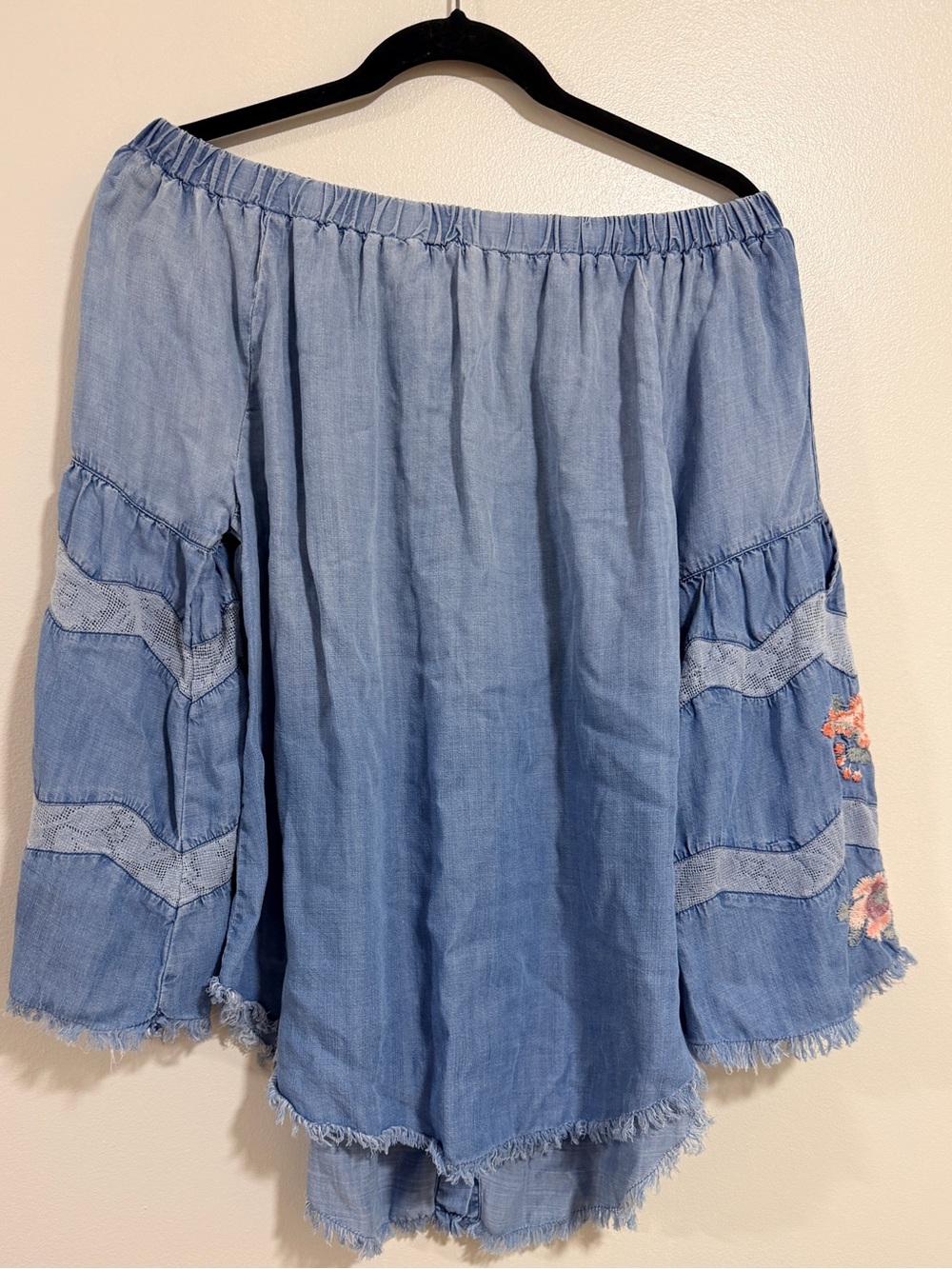 Standard Grace‎ Boho  peasant Chambray Floral Embroidered Lace Blouse Women's S